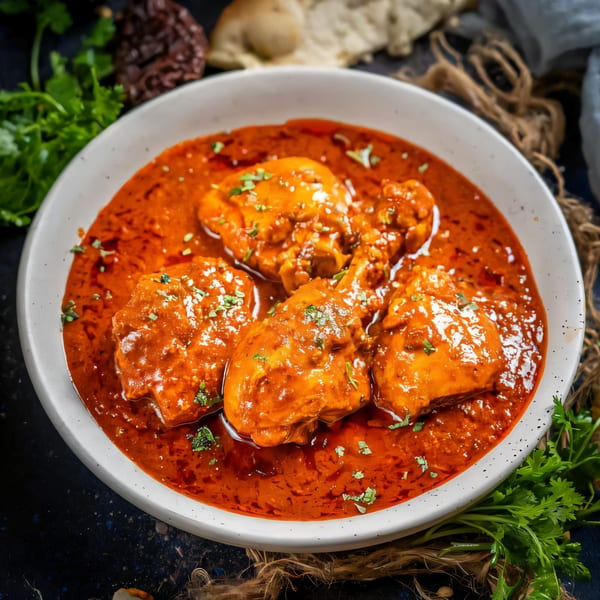 A white bowl filled with Indian chicken curry, garnished with fresh cilantro, on a dark surface.