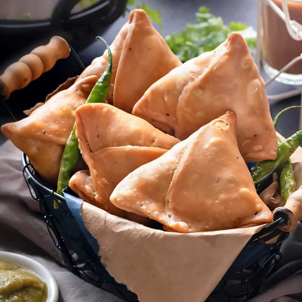 A black wire basket filled with golden-brown samosas and green chilies, with a small bowl of chutney.